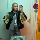 LIZAKOSHT  -  Vintage PU Leather Motorcycle Jacket Loose Short Coat Women Color Patchwork Biker Jackets Street Trend Blouse Bomber Jacket